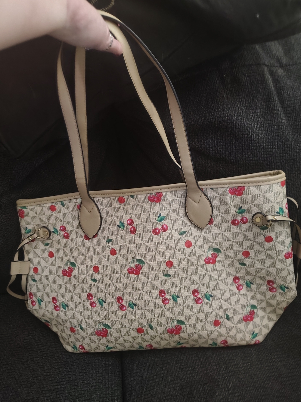 Cream Cherry Print Tote Bag with Matching Pouch